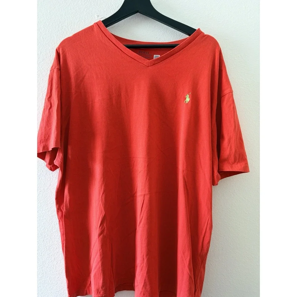 Polo Ralph Lauren Men's Red V-Neck T-Shirt Classic Fit Size XL Neon Green Logo